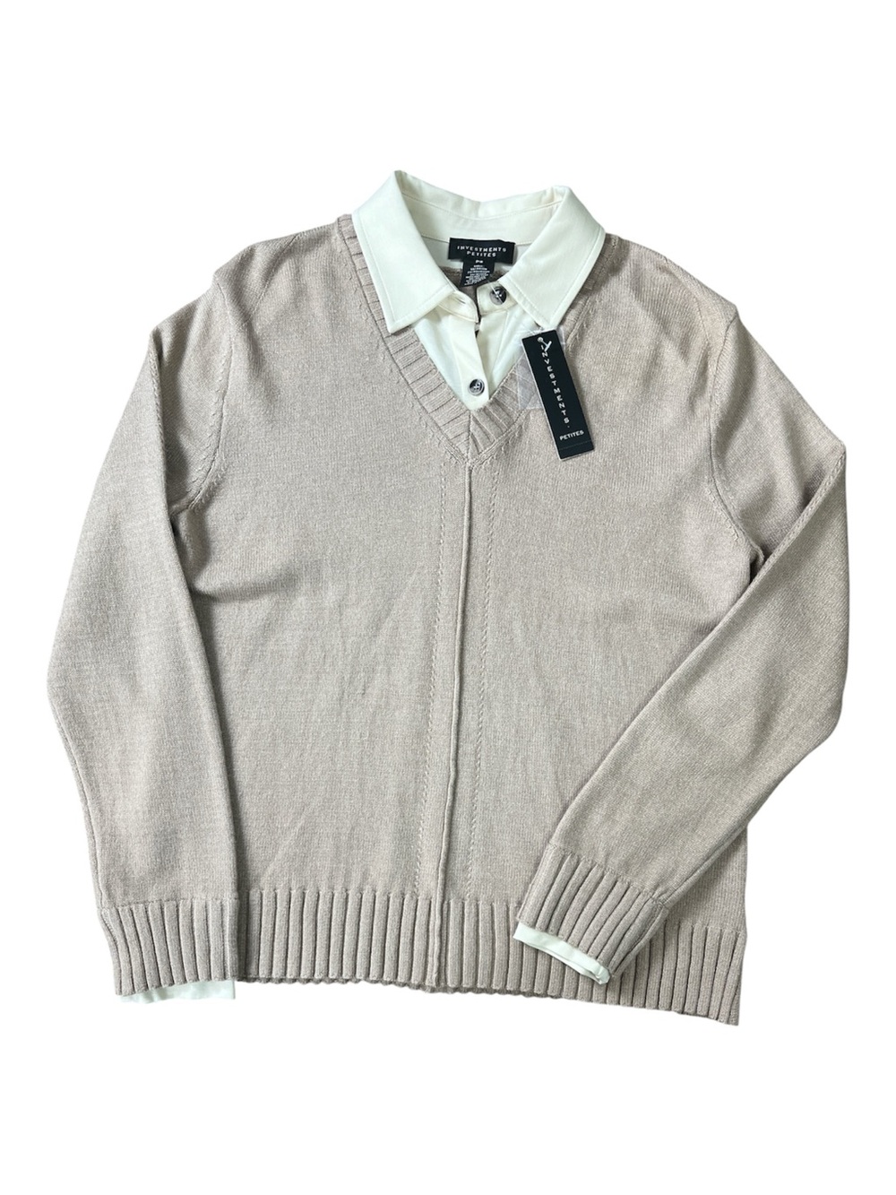 NWT Investments Petites Beige 2-in-1 Mock Layer Collar Sweater Top PS MSRP$69 - Picture 3 of 6